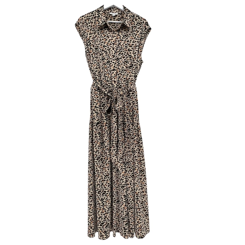 ON-34TH Shirt Dress Womens 1X Brown Leopard Print Sleeveless Maxi Belted Safari